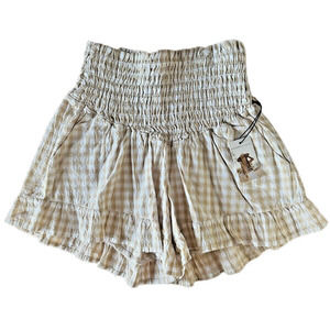SINCERELY JULES Women's Smocked High Waist Shorts Cotton Ruffle Hem Size L Beige